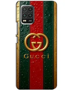 Чехол для Xiaomi Mi 10 Lite с картинкой «Gucci — фирменная полоса и золото»