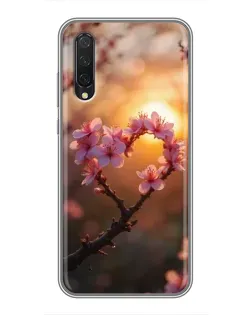 Чехол для Xiaomi Mi A3 с картинкой «Розовый цвет сердце на фоне заката»