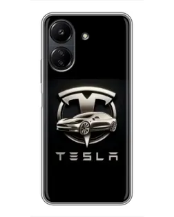 Чехол для Xiaomi POCO C65 с картинкой «Tesla — серебристое авто»