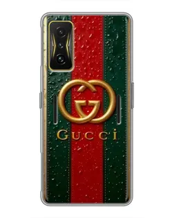 Чехол для Xiaomi POCO F4 GT с картинкой «Gucci — фирменная полоса и золото» Чехол для Xiaomi POCO F4 GT с картинкой «Gucci — фирменная полоса и золото»