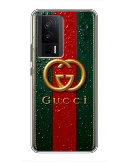 Чехол для Xiaomi POCO F5 Pro с картинкой «Gucci — фирменная полоса и золото»