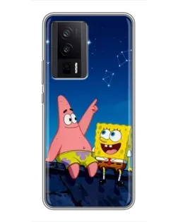 Чехол для Xiaomi POCO F5 Pro с картинкой «Губка Боб и Патрик ночью»