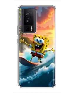 Чехол для Xiaomi POCO F5 Pro с картинкой «Губка Боб серфингист»