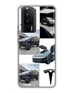 Чехол для Xiaomi POCO F5 Pro с картинкой «Коллаж Cybertruck Tesla»