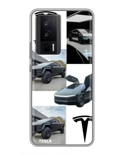 Чехол для Xiaomi POCO F5 Pro с картинкой «Коллаж Cybertruck Tesla»