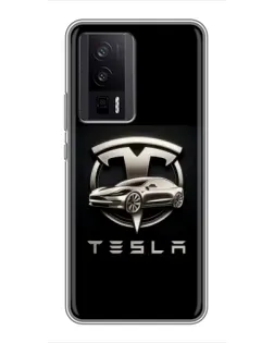 Чехол для Xiaomi POCO F5 Pro с картинкой «Tesla — серебристое авто»