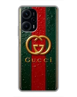 Чехол для Xiaomi POCO F5 с картинкой «Gucci — фирменная полоса и золото» Чехол для Xiaomi POCO F5 с картинкой «Gucci — фирменная полоса и золото»