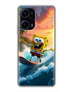 Чехол для Xiaomi POCO F5 с картинкой «Губка Боб серфингист»