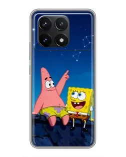 Чехол для Xiaomi POCO F6 Pro с картинкой «Губка Боб и Патрик ночью»