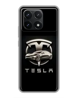 Чехол для Xiaomi POCO F6 Pro с картинкой «Tesla — серебристое авто»