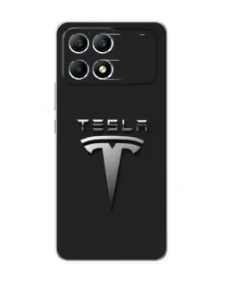 Чехол для Xiaomi POCO F6 с картинкой «Стальной логотип Tesla»