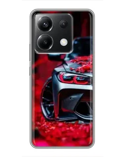Чехол для Xiaomi POCO X6 5G с картинкой «Спортивная BMW и цветы»