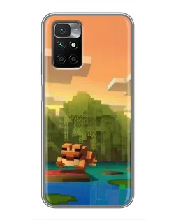 Чехол для Xiaomi Redmi 10 с картинкой «Майнкрафт закат солнца»