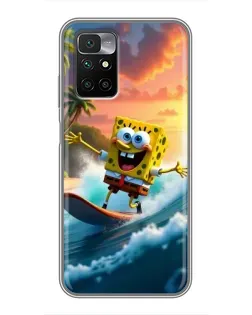 Чехол для Xiaomi Redmi 10 с картинкой «Губка Боб серфингист»