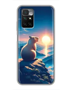 Чехол для Xiaomi Redmi 10 с картинкой «Закат солнца с капибарой»