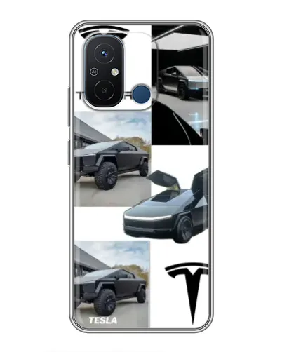 Чехол для Xiaomi Redmi 12C с картинкой «Коллаж Cybertruck Tesla»