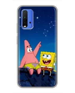 Чехол для Xiaomi Redmi 9T с картинкой «Губка Боб и Патрик ночью»