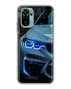 Чехол для Xiaomi Redmi Note 10 с картинкой «Взгляд BMW с синими фарами»