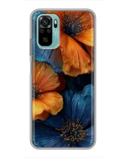 Чехол для Xiaomi Redmi Note 10 с картинкой «Яркая сине-оранжевая флора»