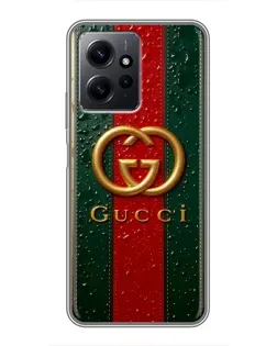 Чехол для Xiaomi Redmi Note 12 с картинкой «Gucci — фирменная полоса и золото»