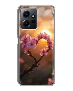 Чохол для Xiaomi Redmi Note 12 з картинкою «Рожевий цвіт  сердечко на тлі заходу»