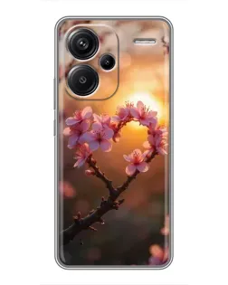 Чохол для Xiaomi Redmi Note 13 Pro Plus з картинкою «Рожевий цвіт  сердечко на тлі заходу»