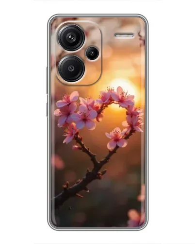 Чохол для Xiaomi Redmi Note 13 Pro Plus з картинкою «Рожевий цвіт  сердечко на тлі заходу»