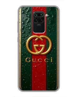 Чехол для Xiaomi Redmi Note 9 с картинкой «Gucci — фирменная полоса и золото» Чехол для Xiaomi Redmi Note 9 с картинкой «Gucci — фирменная полоса и золото»