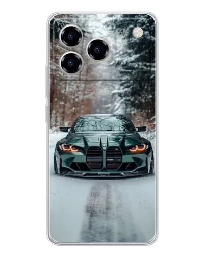 Чехол для ZTE Blade A76 с картинкой «BMW в зимнем лесу»