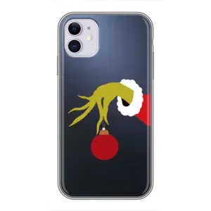 Зимние Чехлы для Айфон 11 - прозрачный фон (Гринч с игрушкой)