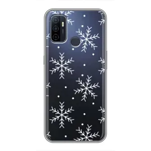 Зимні Чохли для OPPO A53 - прозорий фон (Білі сніжинки)
