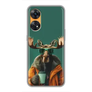Чохол з принтом стильні тварини для OPPO Reno 8Т (Лось з кавою)