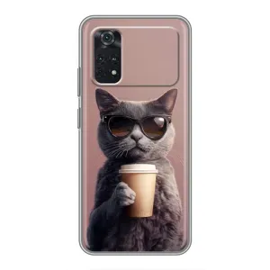 Чехол с принтом стильные животные для Поко М4 Про 4G (Кот с кофе)