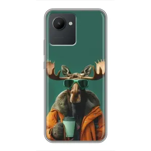 Чехол с принтом стильные животные для Реалми С30 (Лось с кофе)
