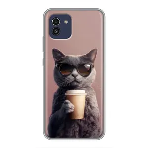 Чехол с принтом стильные животные для Самсунг А03 (Кот с кофе)