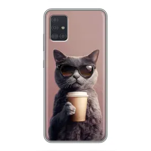 Чехол с принтом стильные животные для Самсунг А51 (Кот с кофе)