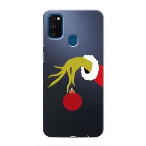 Зимние Чехлы для Самсунг М31 - прозрачный фон (Гринч с игрушкой)