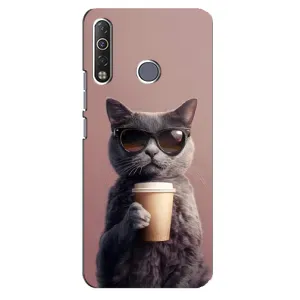 Чехол с принтом стильные животные для Техно Камон 12 Ейр (Кот с кофе)