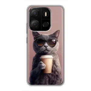 Чехол с принтом стильные животные для Техно Поп 7 Про (Кот с кофе)