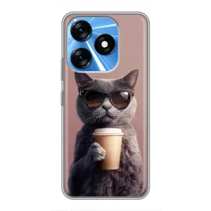 Чехол с принтом стильные животные для Техно Спарк 10 (Кот с кофе)