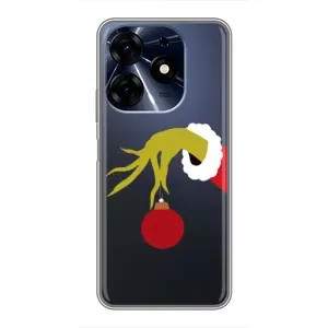 Зимні Чохли для ТЕКНО Spark 10c - прозорий фон (Грінч з іграшкою)