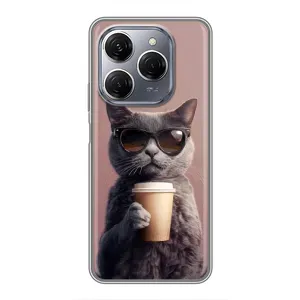Чехол с принтом стильные животные для Техно Спарк 20 Про (Кот с кофе)