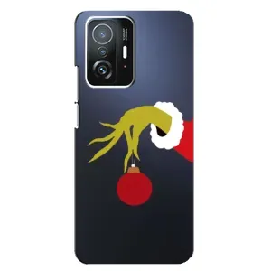 Зимние Чехлы для Сяоми 11Т Про - прозрачный фон (Гринч с игрушкой)