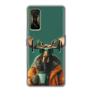 Чехол с принтом стильные животные для Поко Ф4 GT (Лось с кофе)